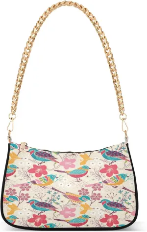 Floral Birds Shoulder Handbags for Women Travel Hobo Tote Handbag Women Gold Chain Shoulder Bags Purse with Zipper Closure