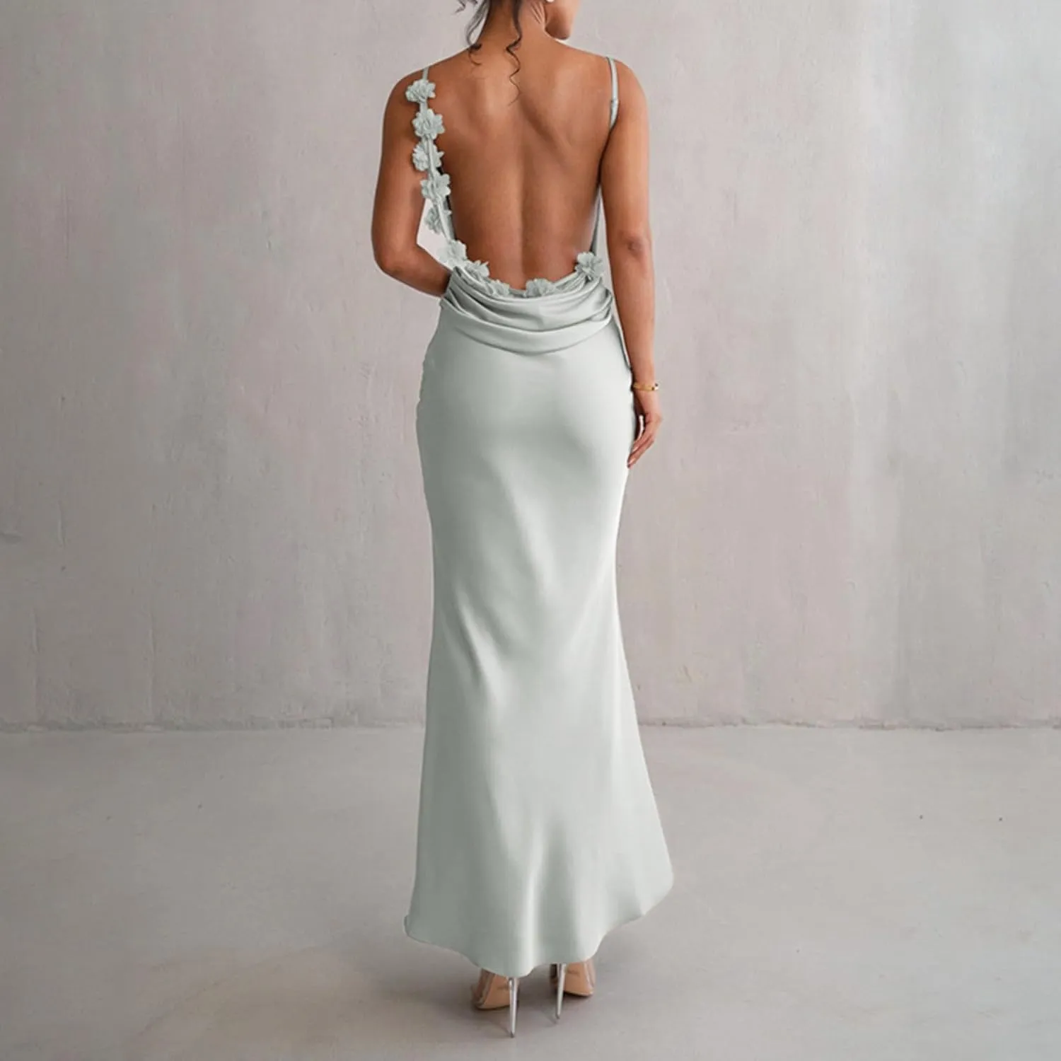 Floral Draped Backless Maxi Dress for Women Fashion Spaghetti Strap Sleeveless Bodycon Evening Party Dress