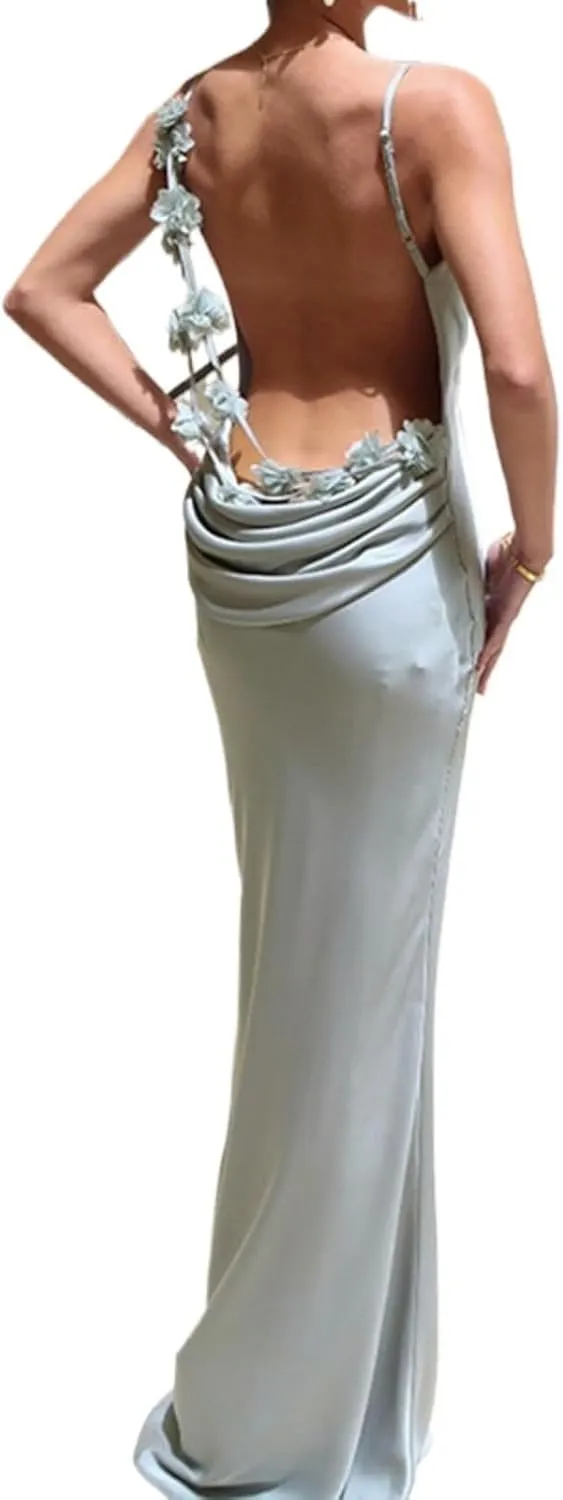 Floral Draped Backless Maxi Dress for Women Fashion Spaghetti Strap Sleeveless Bodycon Evening Party Dress