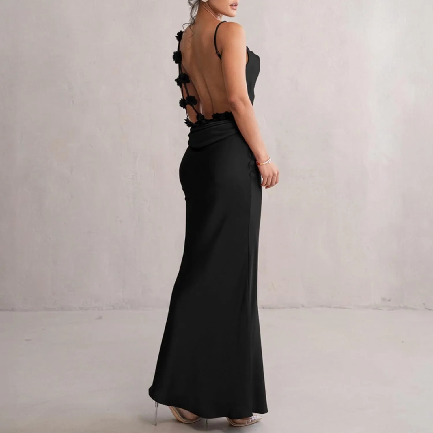 Floral Draped Backless Maxi Dress for Women Fashion Spaghetti Strap Sleeveless Bodycon Evening Party Dress