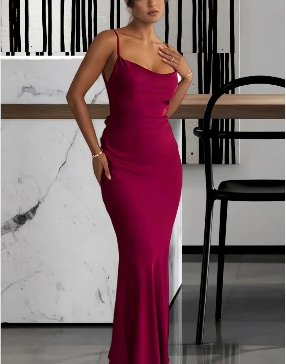 Floral Draped Backless Maxi Dress for Women Fashion Spaghetti Strap Sleeveless Bodycon Evening Party Dress