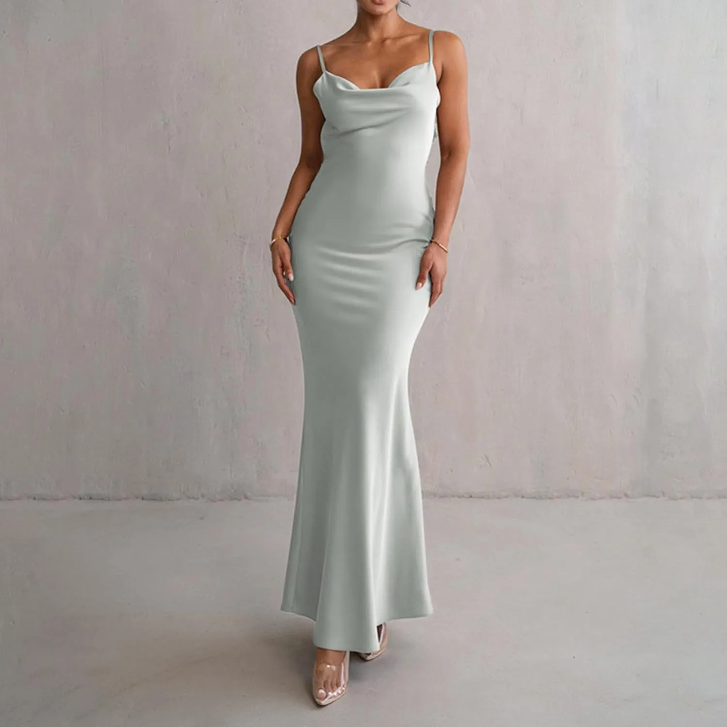 Floral Draped Backless Maxi Dress for Women Fashion Spaghetti Strap Sleeveless Bodycon Evening Party Dress