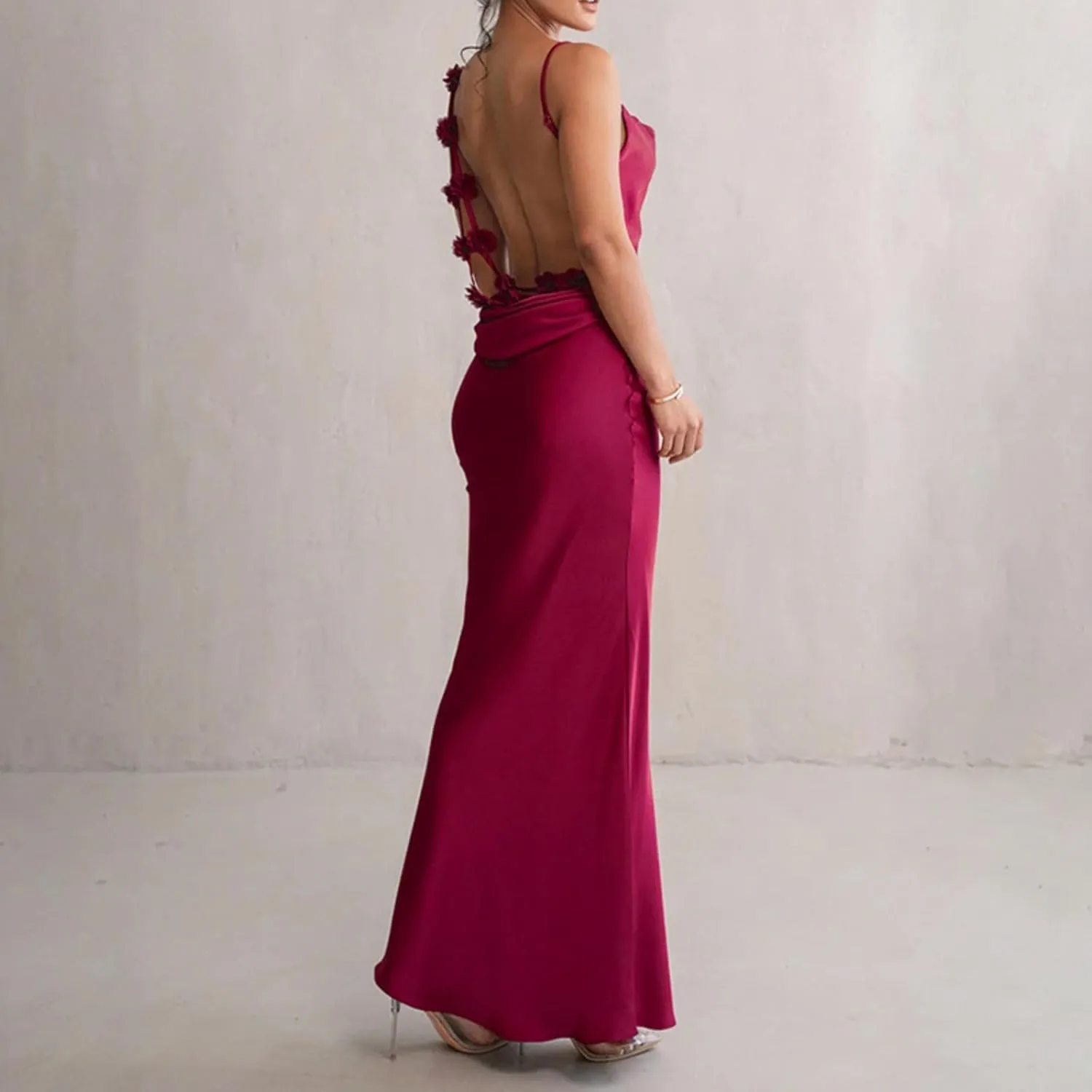 Floral Draped Backless Maxi Dress for Women Fashion Spaghetti Strap Sleeveless Bodycon Evening Party Dress