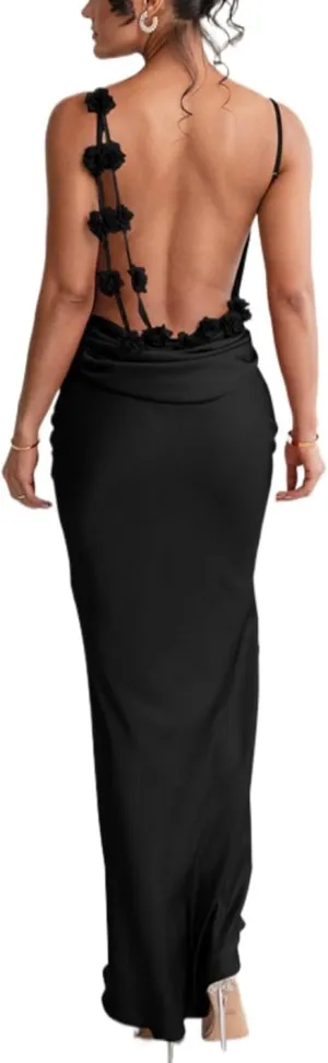 Floral Draped Backless Maxi Dress for Women Fashion Spaghetti Strap Sleeveless Bodycon Evening Party Dress