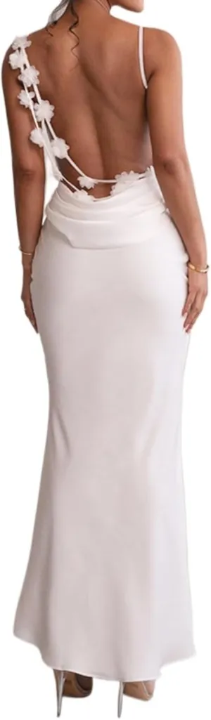 Floral Draped Backless Maxi Dress for Women Fashion Spaghetti Strap Sleeveless Bodycon Evening Party Dress
