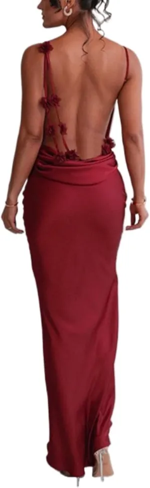 Floral Draped Backless Maxi Dress for Women Fashion Spaghetti Strap Sleeveless Bodycon Evening Party Dress