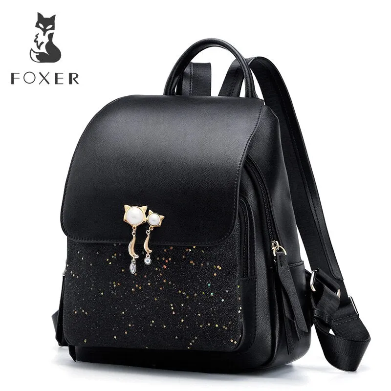 FOXER Girl's School College Backpack Large Capacity Women's Leather Satchel Cowhide Ladies Travel Rucksack Female Shoulder Bag