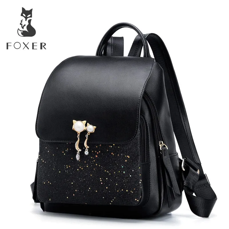 FOXER Girl's School College Backpack Large Capacity Women's Leather Satchel Cowhide Ladies Travel Rucksack Female Shoulder Bag