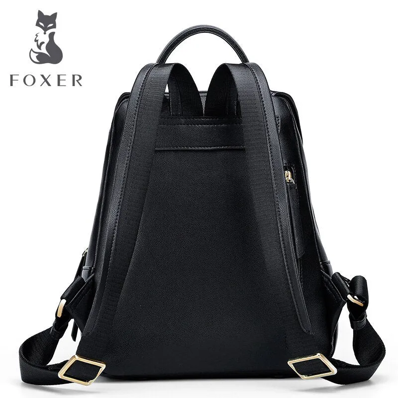 FOXER Girl's School College Backpack Large Capacity Women's Leather Satchel Cowhide Ladies Travel Rucksack Female Shoulder Bag
