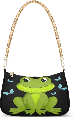 Funny Frog Shoulder Handbags for Women Travel Hobo Tote Handbag Women Gold Chain Shoulder Bags Purse with Zipper Closure