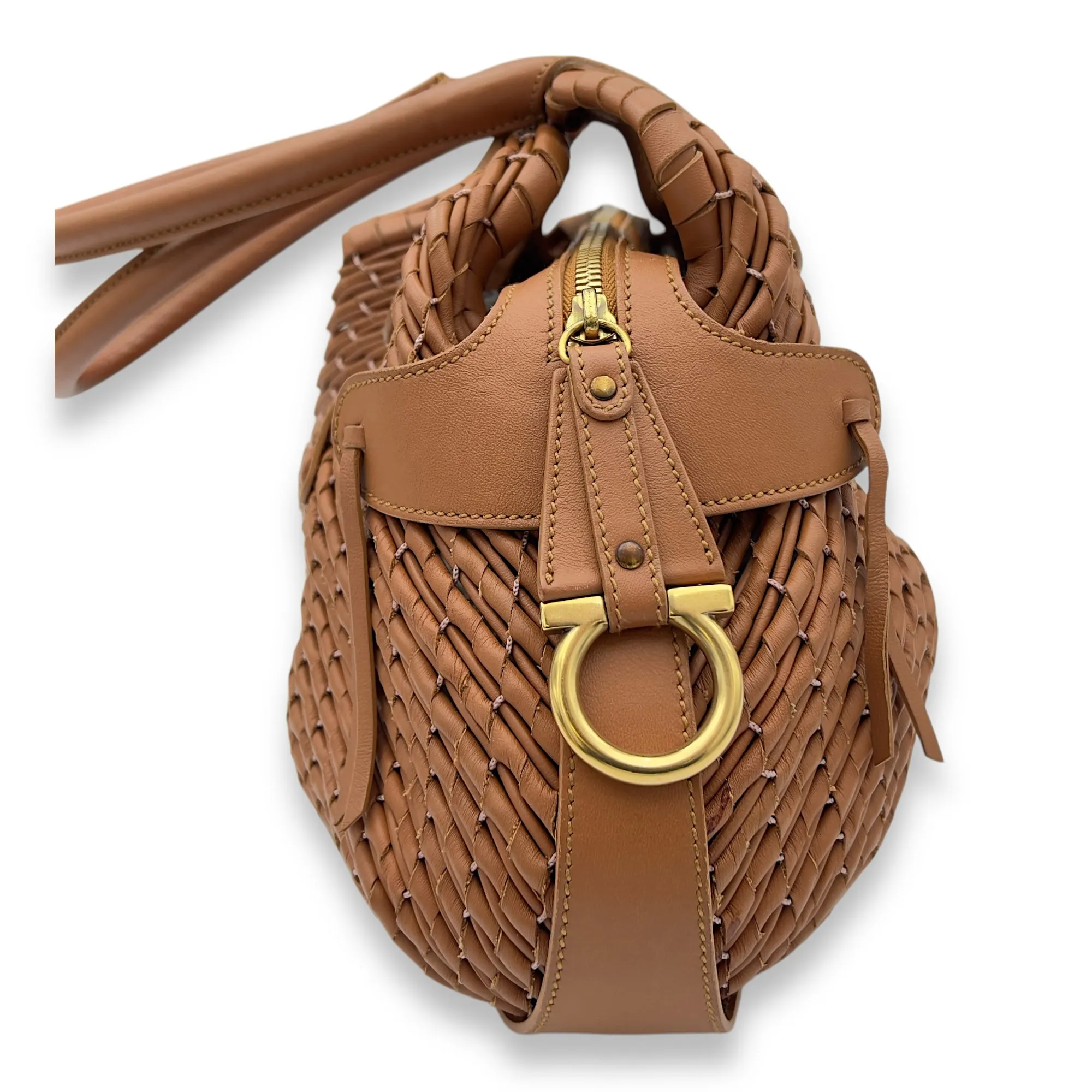 Gancine Shoulder Bag Mini Brown in Calfskin, Gold hardware
