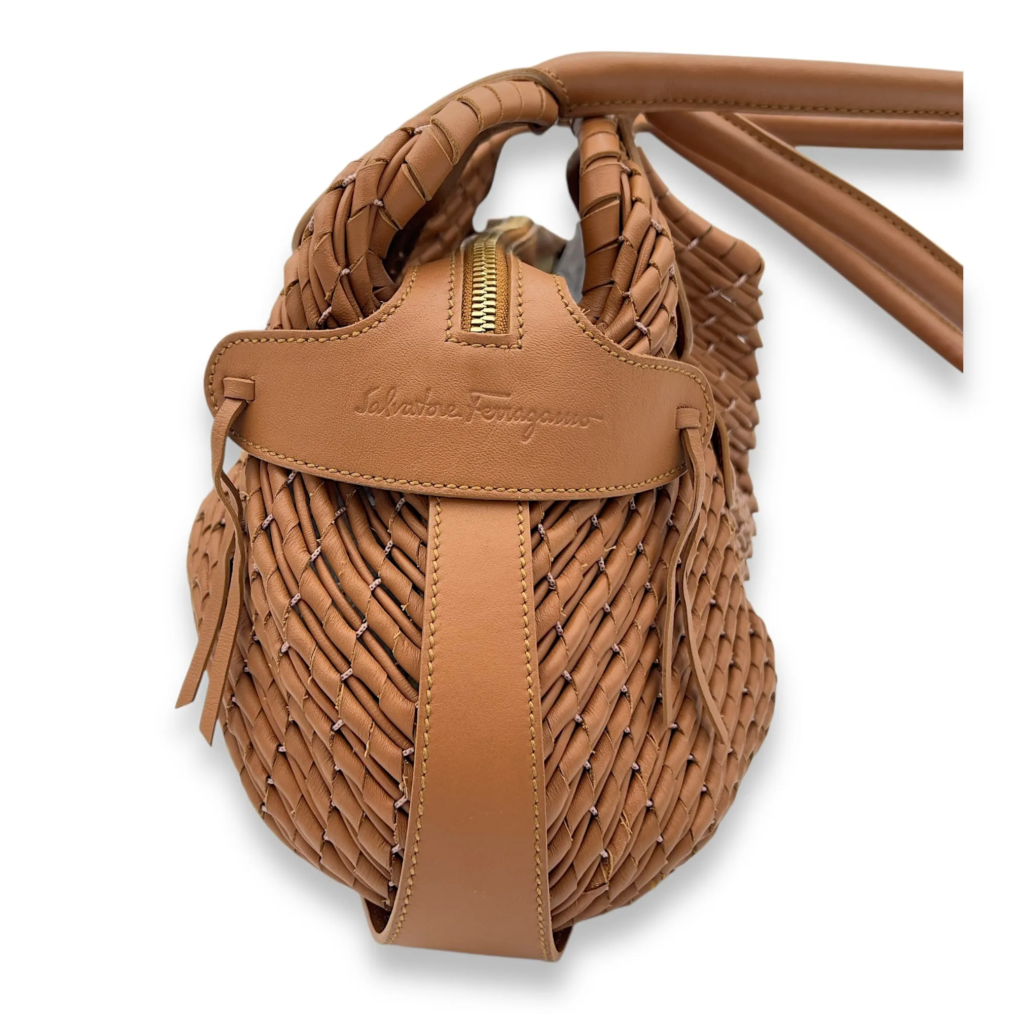 Gancine Shoulder Bag Mini Brown in Calfskin, Gold hardware
