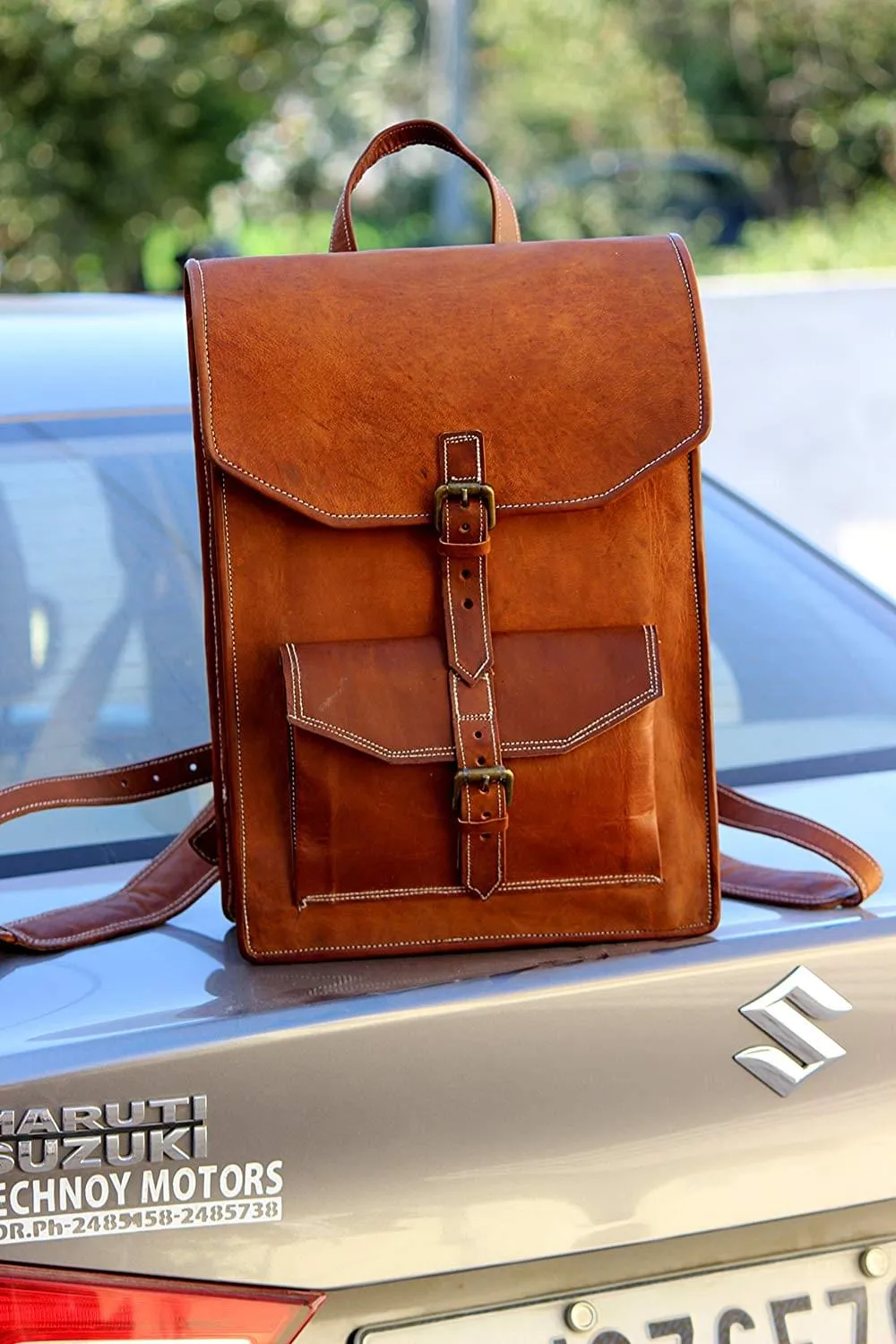 Genuine Leather Padded Strap Backpack