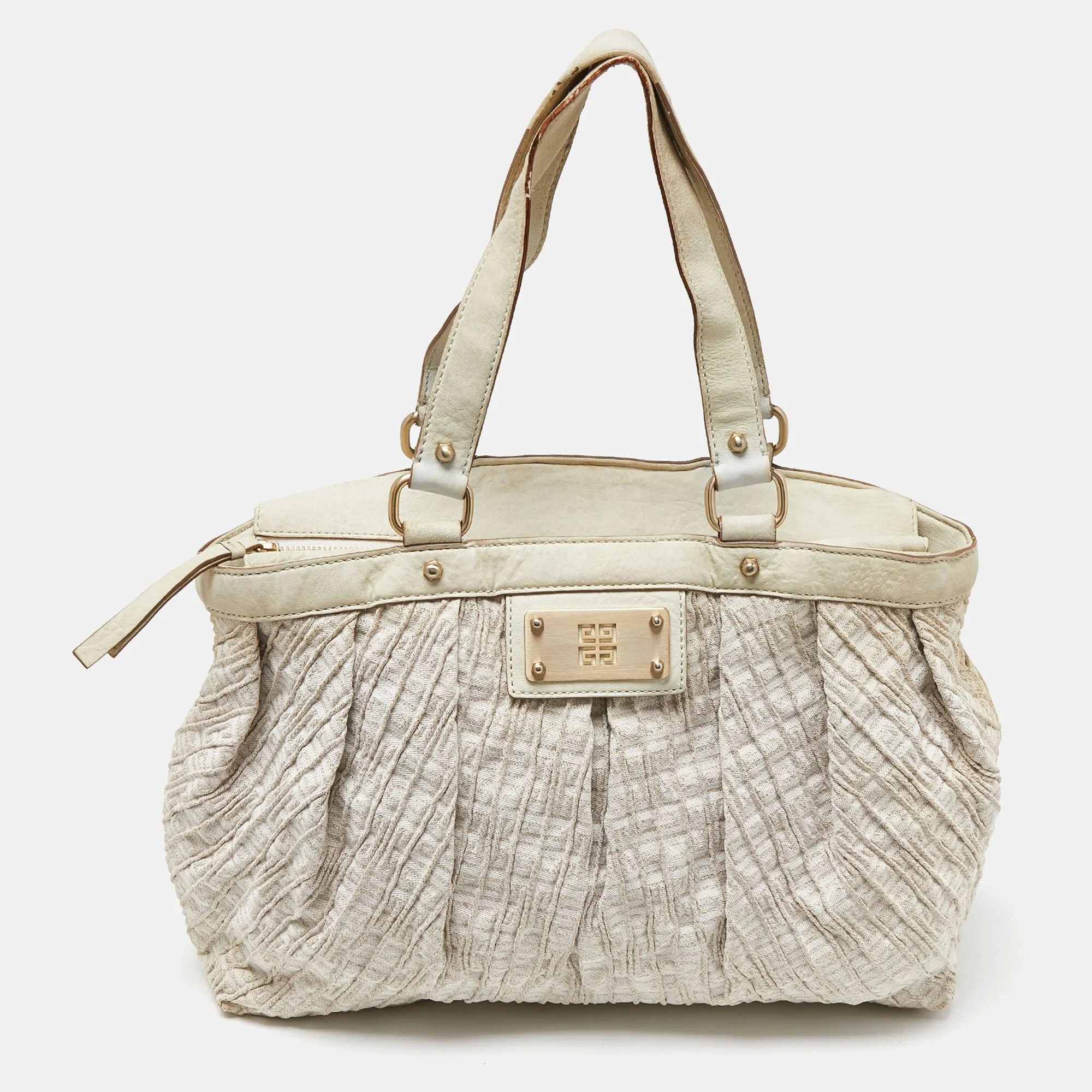 Gold/Cream Textured Canvas and Leather Logo Hobo