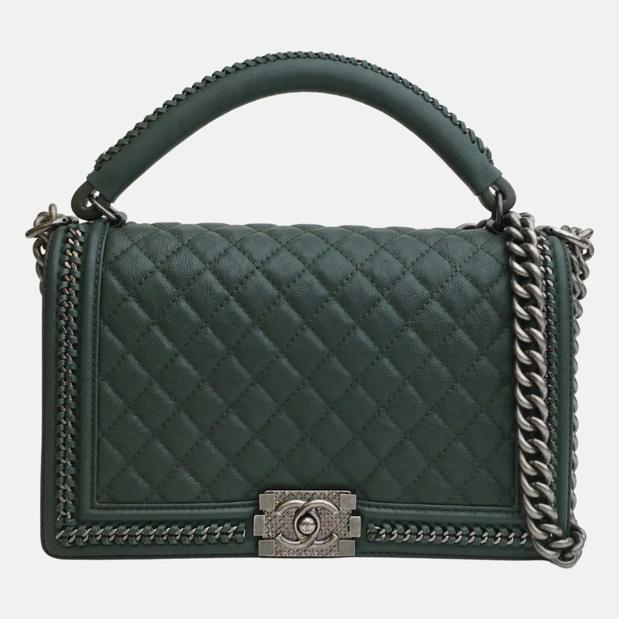Green Leather Chain around Medium Boy Top Handle Bags