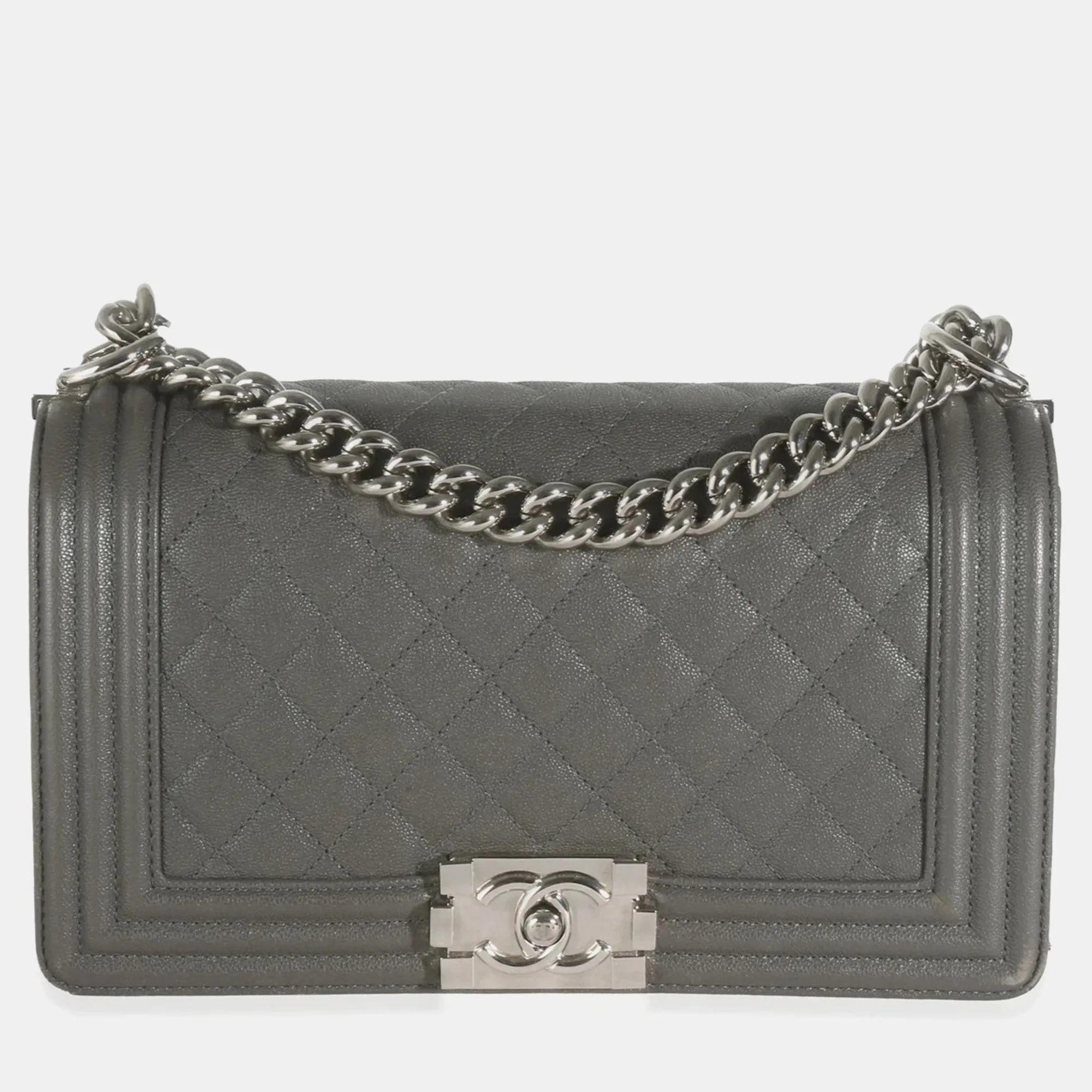 Grey Quilted Caviar Medium Boy Bag