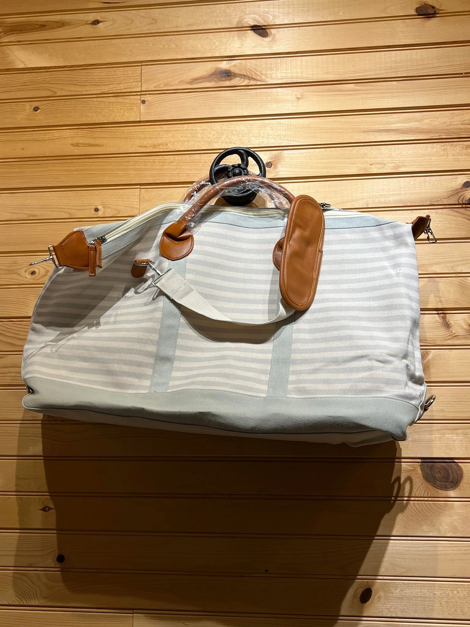 Grey/Seafoam Stripe Overnight / Weekender Bag with Strap