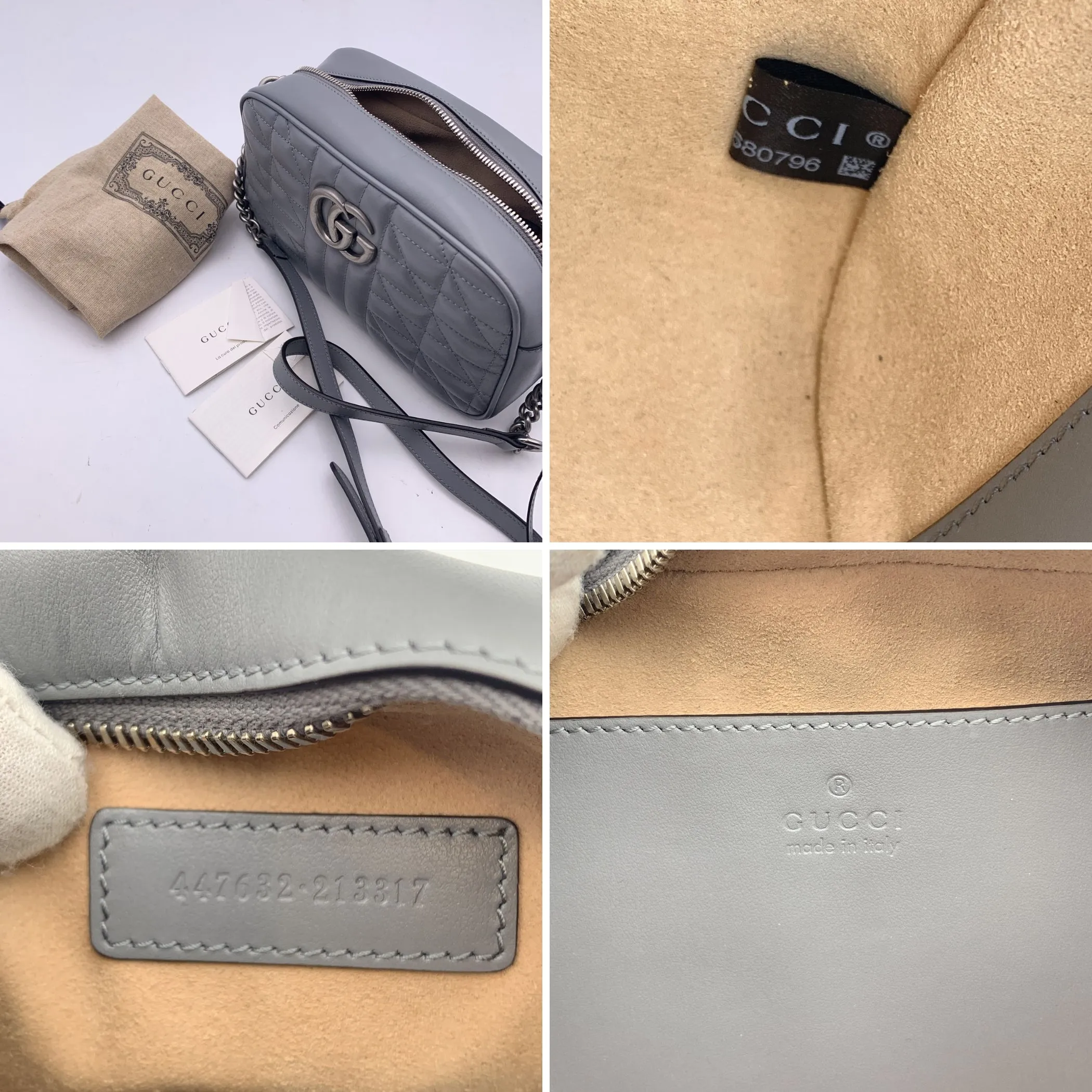 Gucci Aria Grey Quilted Leather Small GG Marmont Shoulder Bag