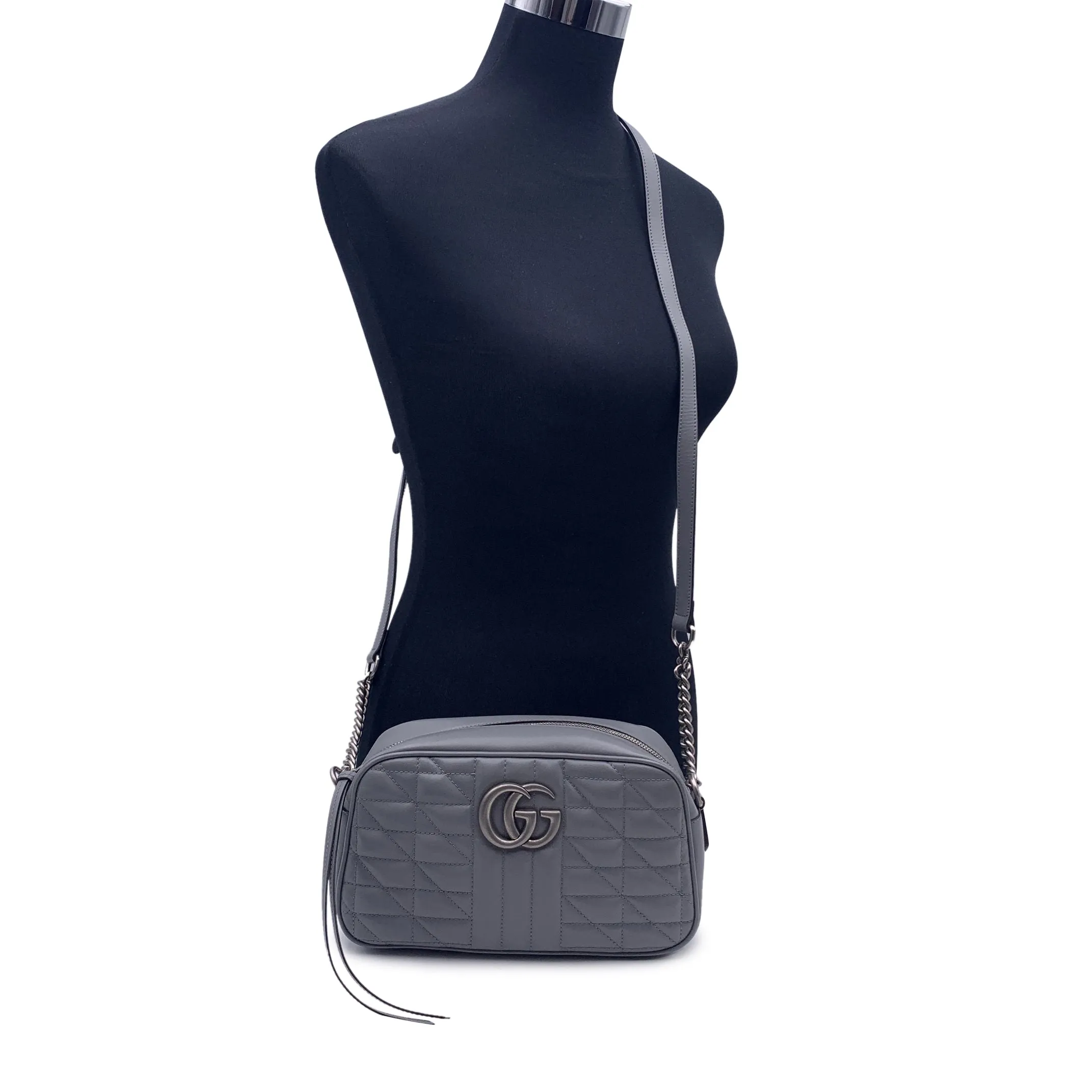 Gucci Aria Grey Quilted Leather Small GG Marmont Shoulder Bag