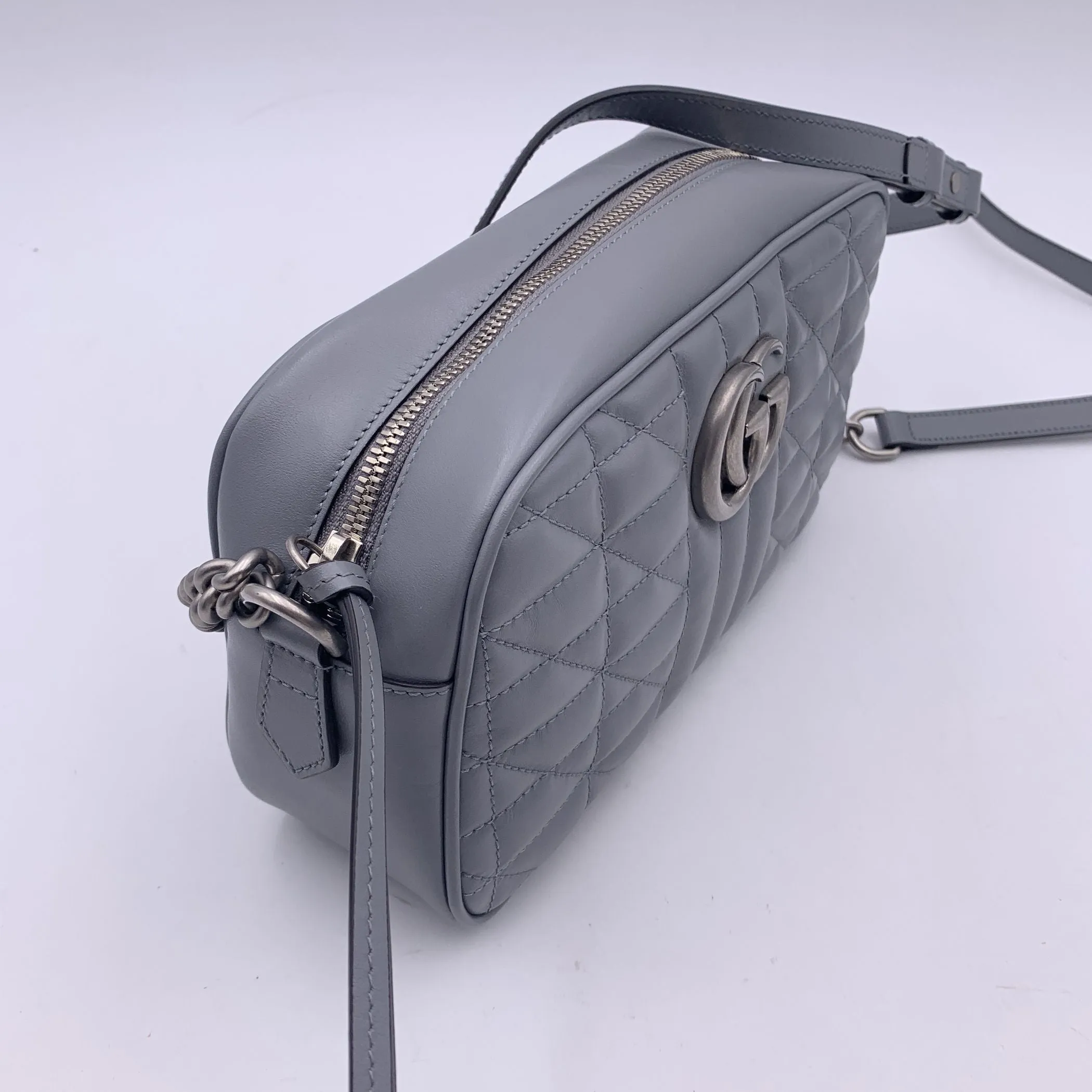 Gucci Aria Grey Quilted Leather Small GG Marmont Shoulder Bag