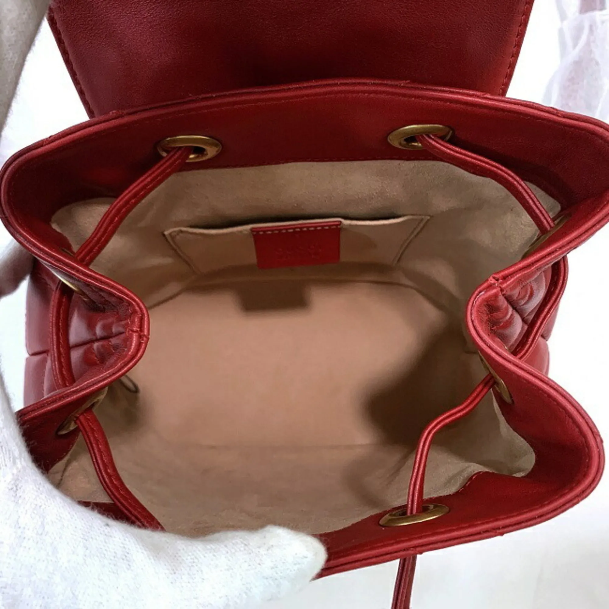 Gucci Backpack Red Gold Marmont 528129 Flap Leather GUCCI GG Quilting Chain Women's Double G