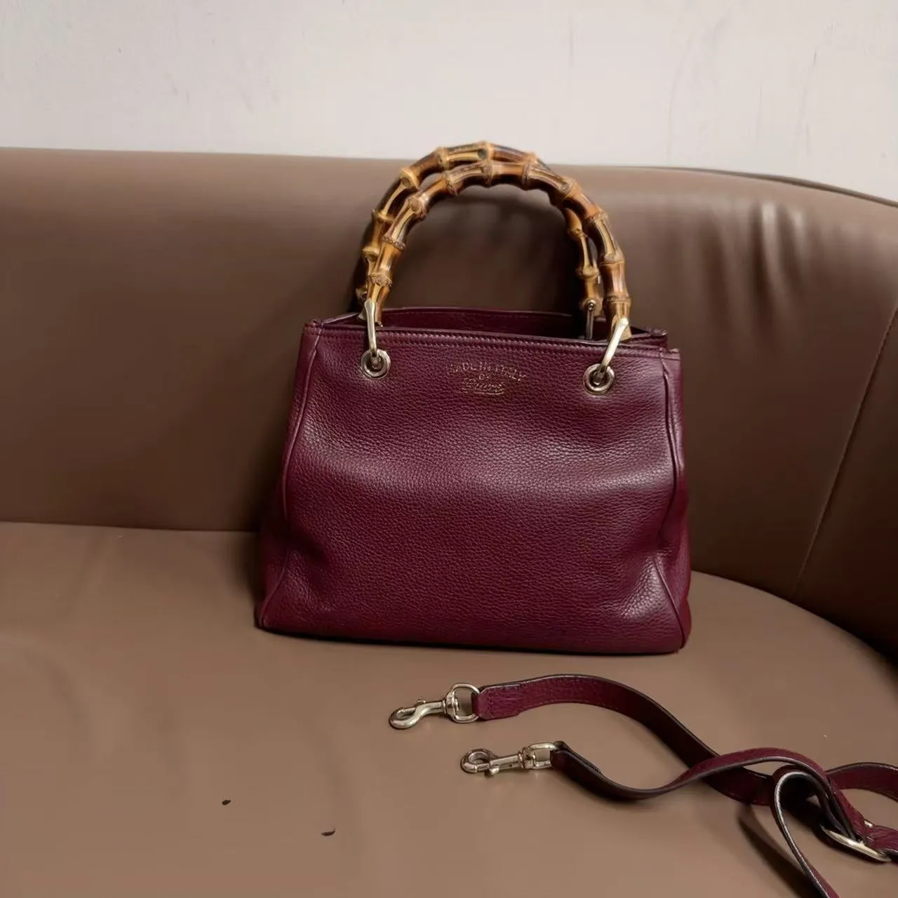 Gucci Bamboo Top Handle Burgundy Leather Two Ways Bag