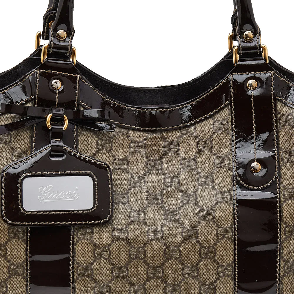 Gucci Beige/Brown GG Supreme Coated Canvas And Patent Leather Bow Mirror Sukey Tote