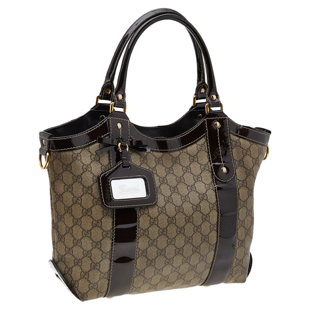 Gucci Beige/Brown GG Supreme Coated Canvas And Patent Leather Bow Mirror Sukey Tote