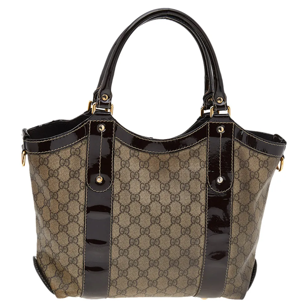 Gucci Beige/Brown GG Supreme Coated Canvas And Patent Leather Bow Mirror Sukey Tote