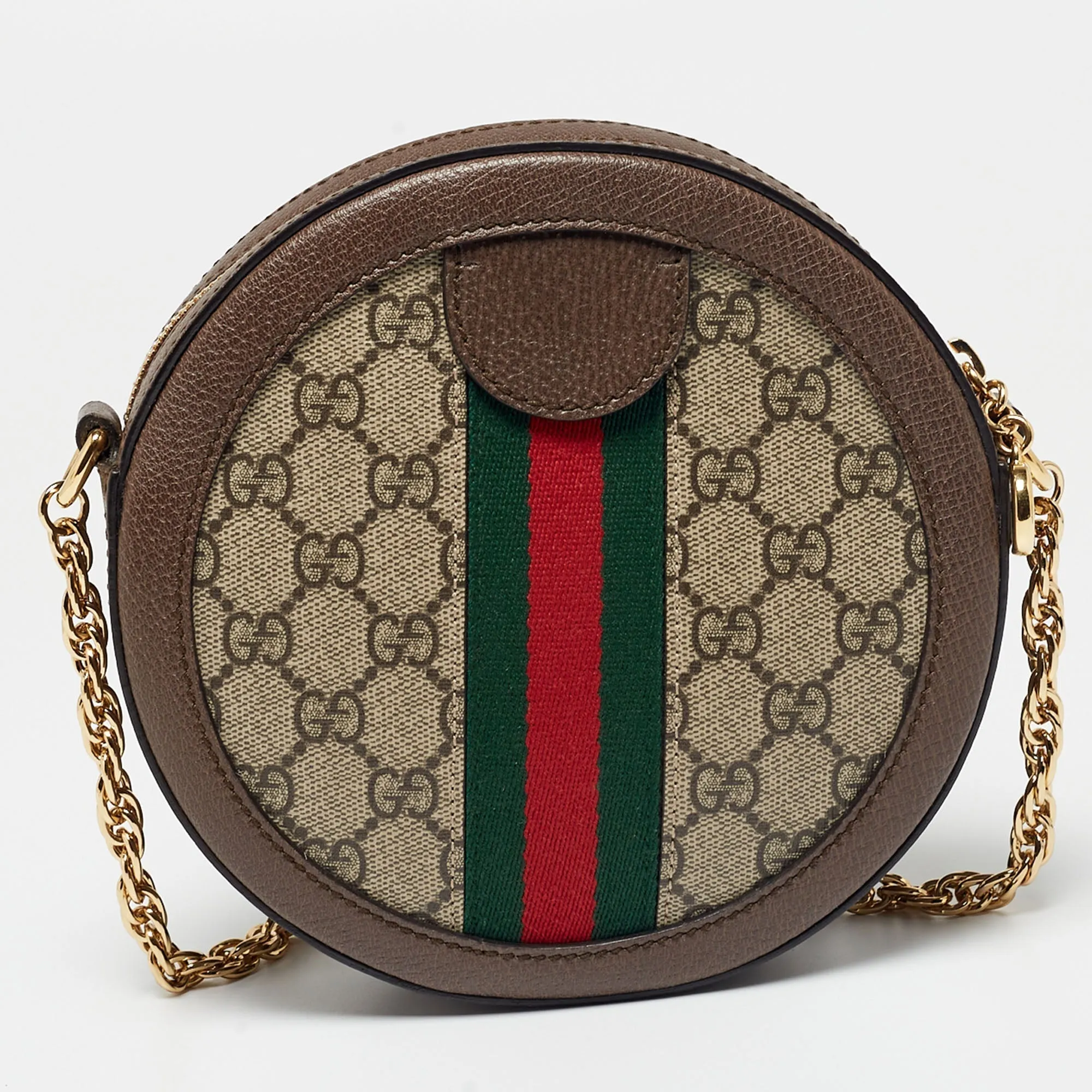 Gucci Brown GG Supreme Canvas and Leather Mini Ophidia Round Bag