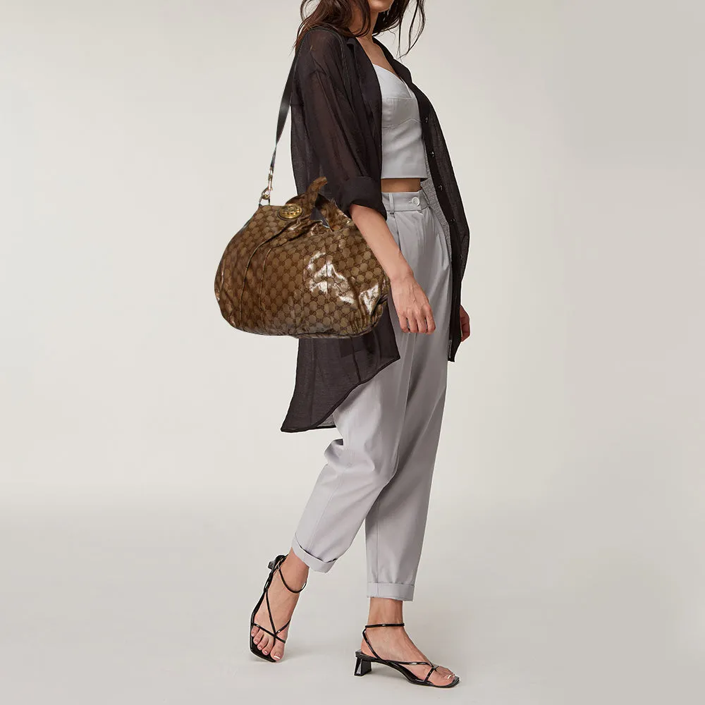 Gucci Brown/Beige GG Crystal Canvas and Leather Large Hysteria Hobo