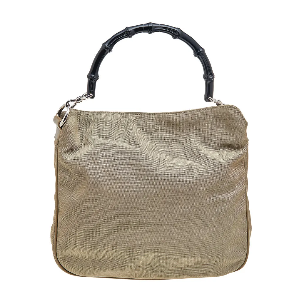 Gucci Khaki Nylon and Leather Bamboo Handle Hobo