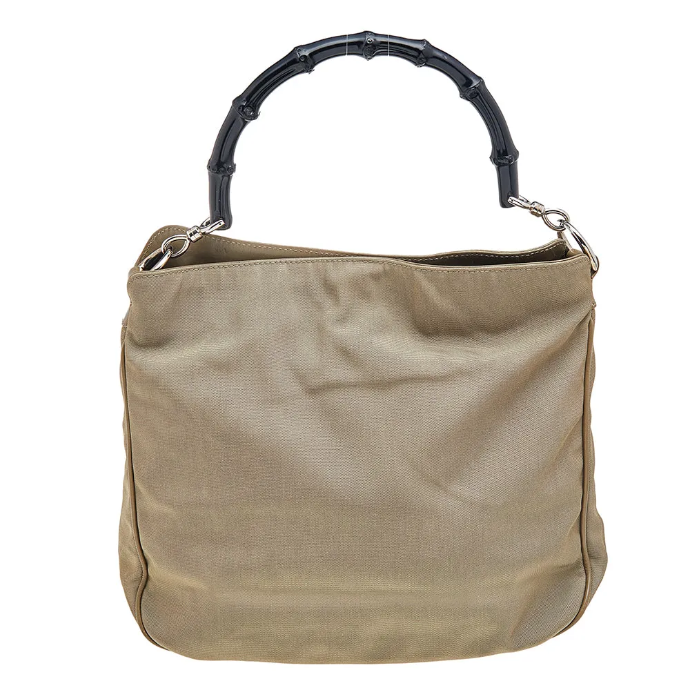 Gucci Khaki Nylon and Leather Bamboo Handle Hobo