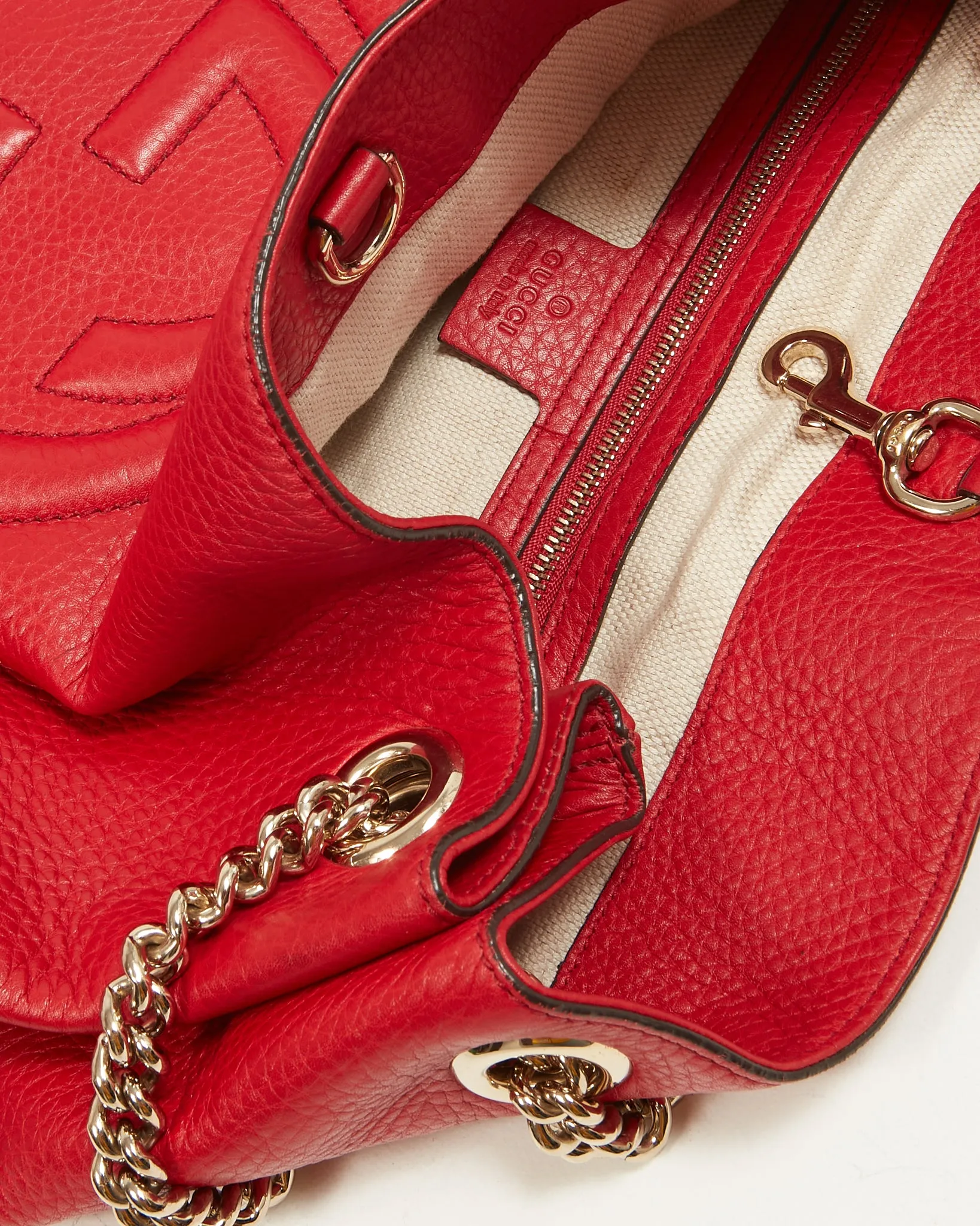 Gucci Red Pebbled Leather Large Soho Chain Shoulder Tote Bag