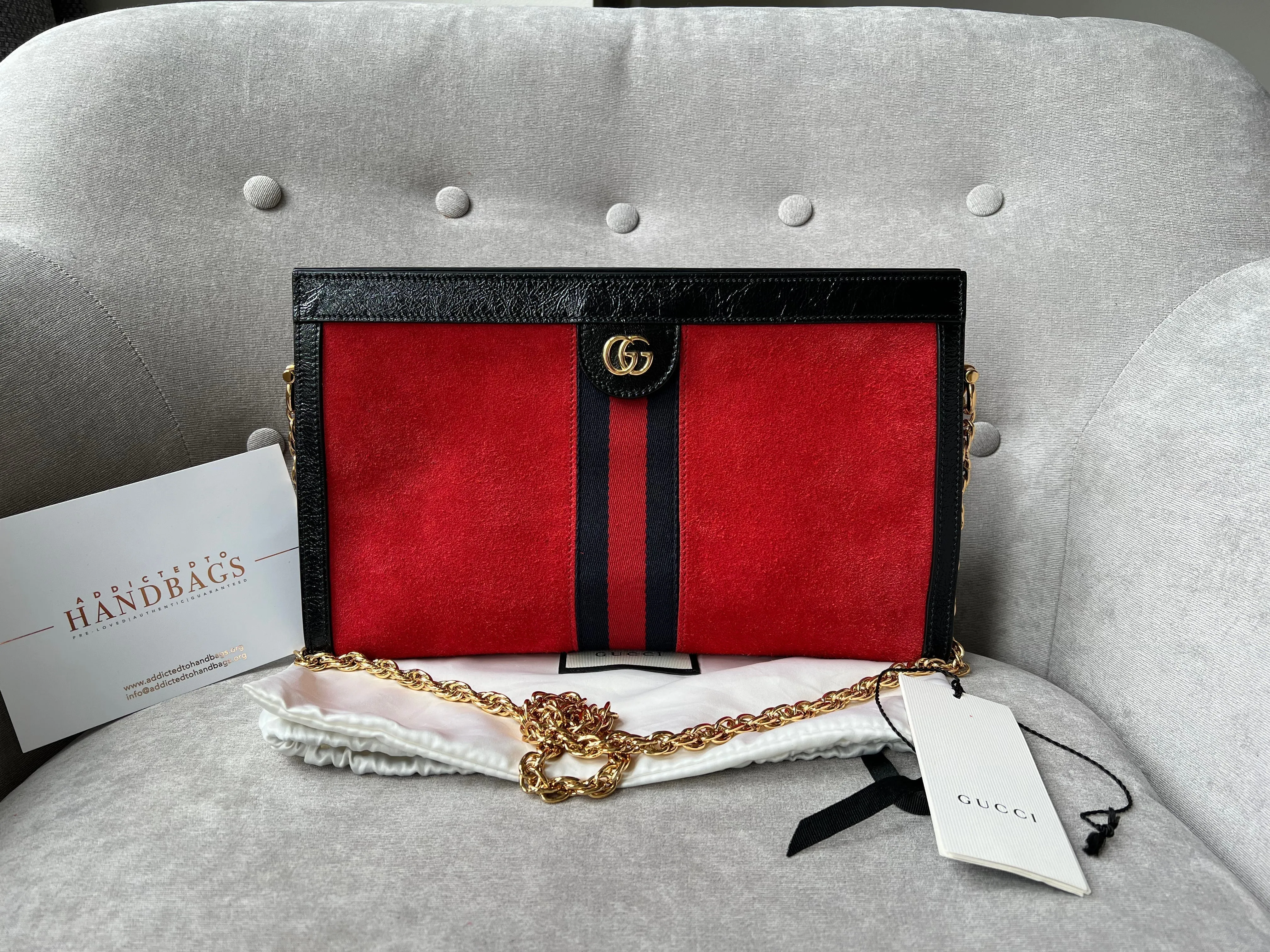Gucci Red Suede and Black Leather Ophidia Shoulder Bag