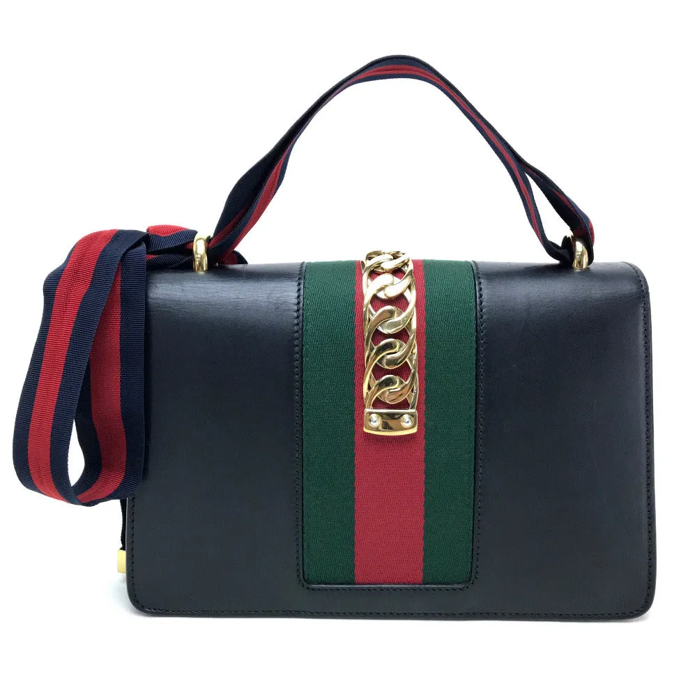 GUCCI Shoulder Bag 421882 leather black Sherry line Silvi Small Ribbon Women Secondhand