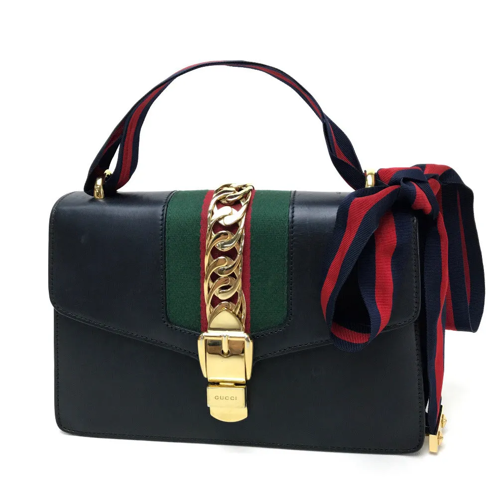 GUCCI Shoulder Bag 421882 leather black Sherry line Silvi Small Ribbon Women Secondhand