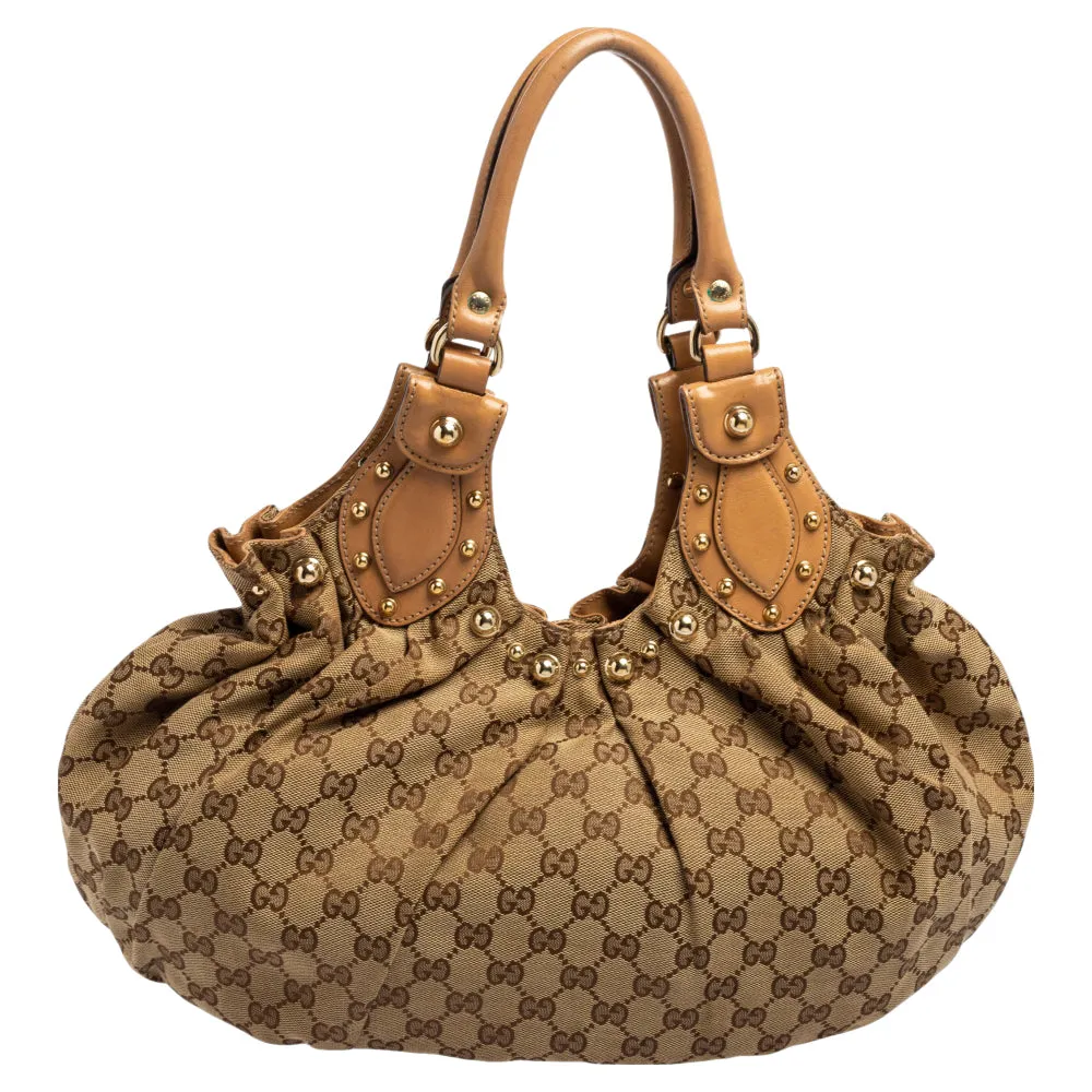 Gucci Tan/Beige GG Canvas and Leather Pelham Studded Hobo