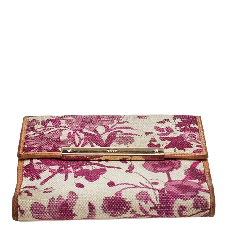 Gucci White/Pink Floral Print Canvas And Leather Compact Wallet