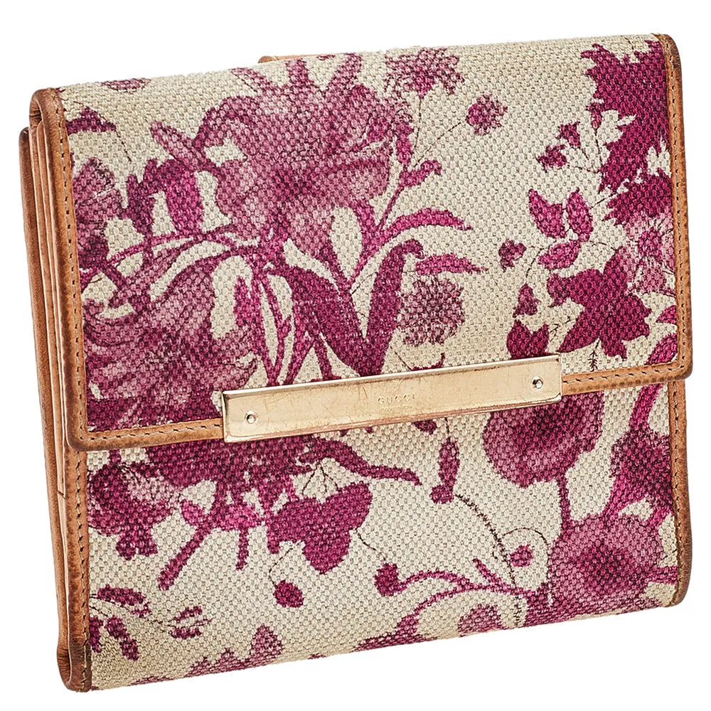 Gucci White/Pink Floral Print Canvas And Leather Compact Wallet