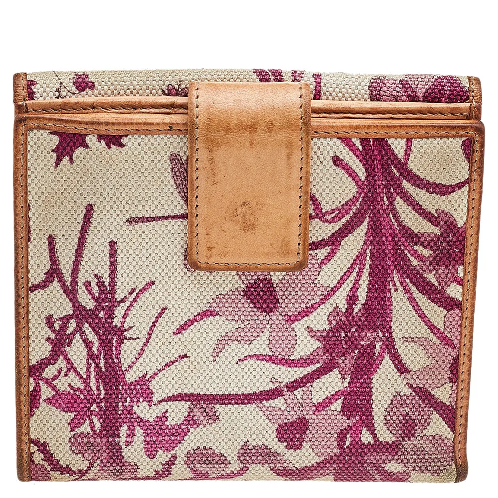 Gucci White/Pink Floral Print Canvas And Leather Compact Wallet