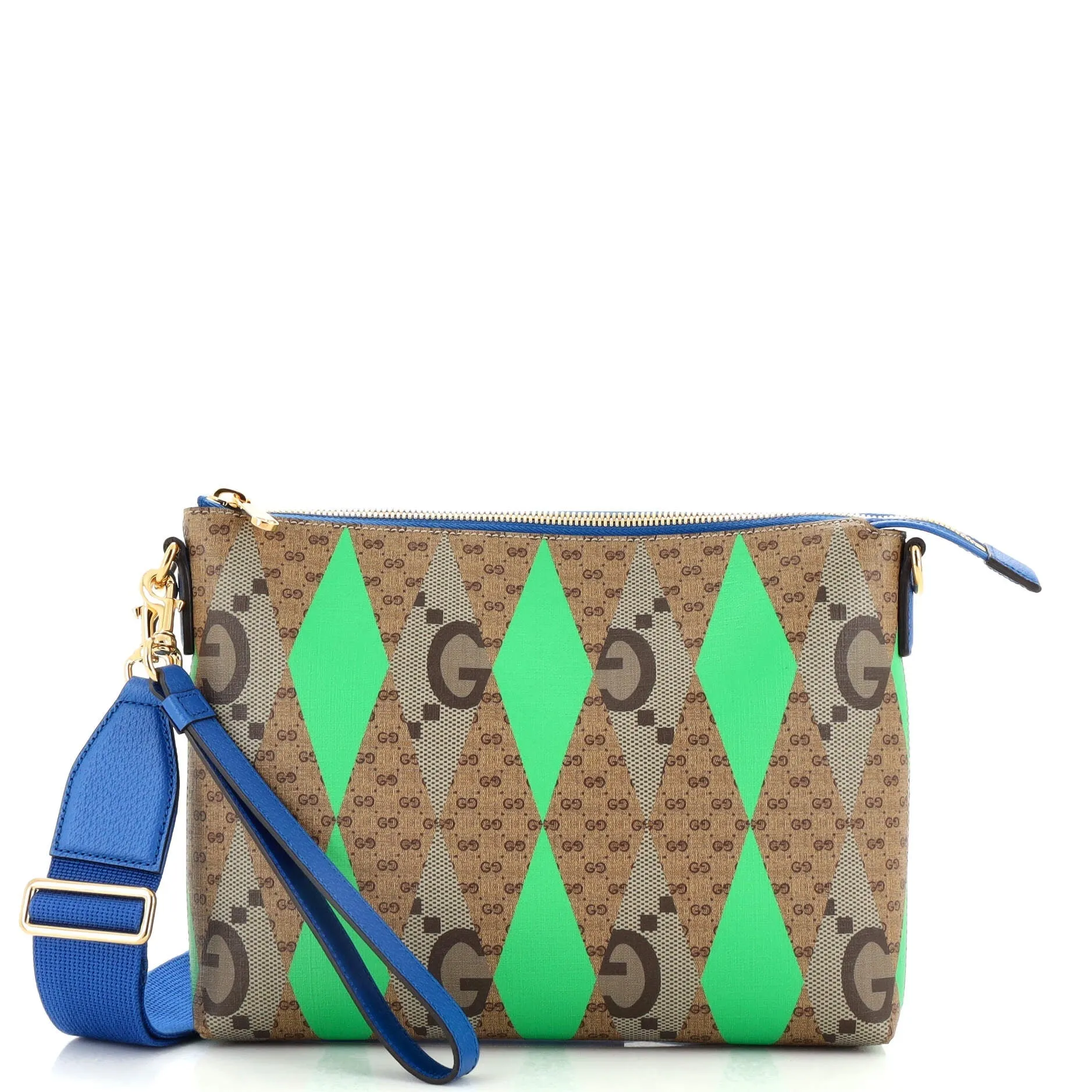 GUCCI Wristlet Pouch Rhombus GG Coated Canvas with Leather Medium