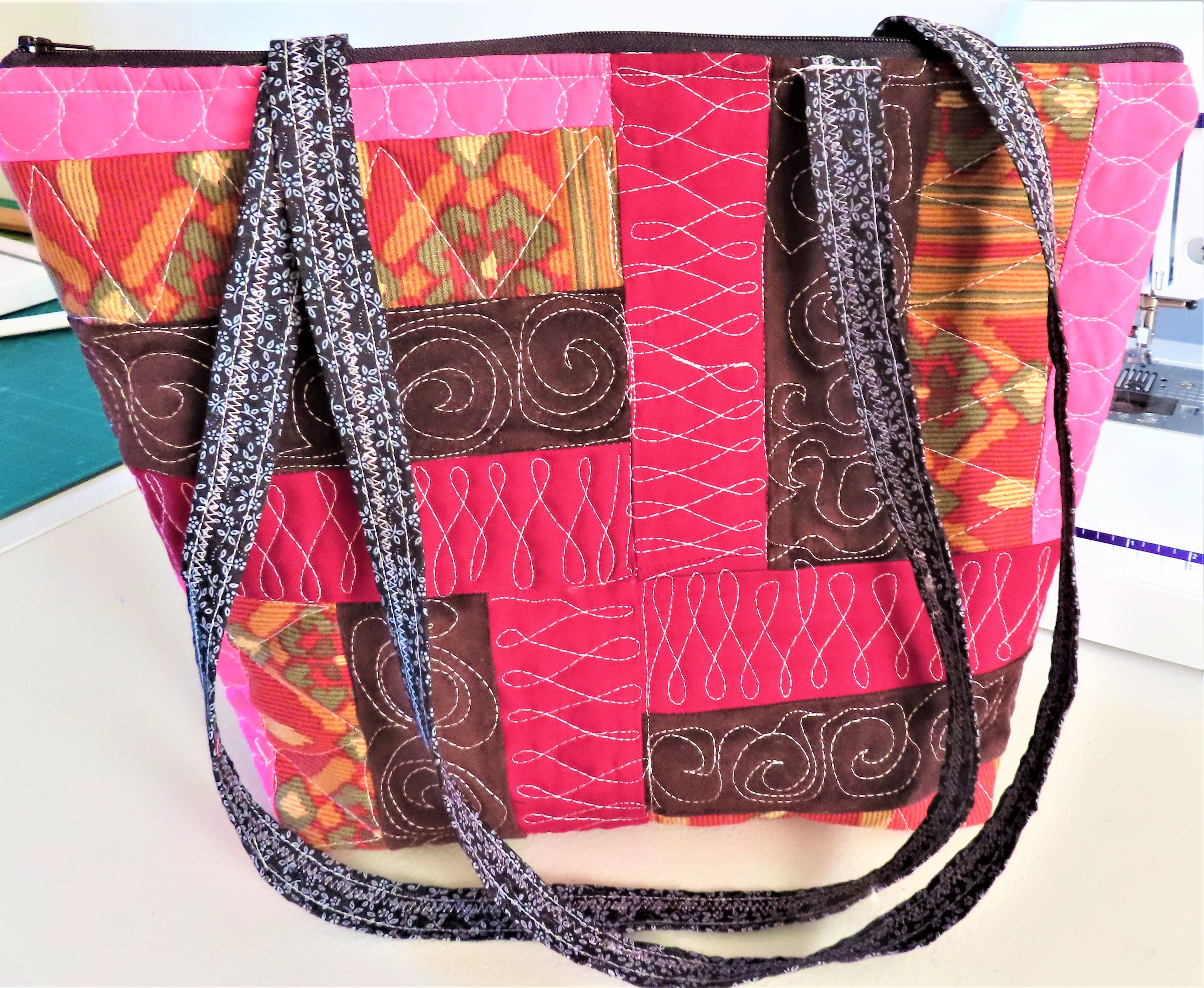 Handmade Jelly Roll quilted zipper tote bag