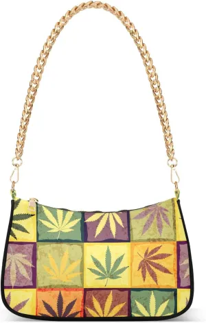Hemp Leaves in Retro Style Shoulder Handbags for Women Travel Hobo Tote Handbag Women Gold Chain Shoulder Bags Purse with Zipper Closure