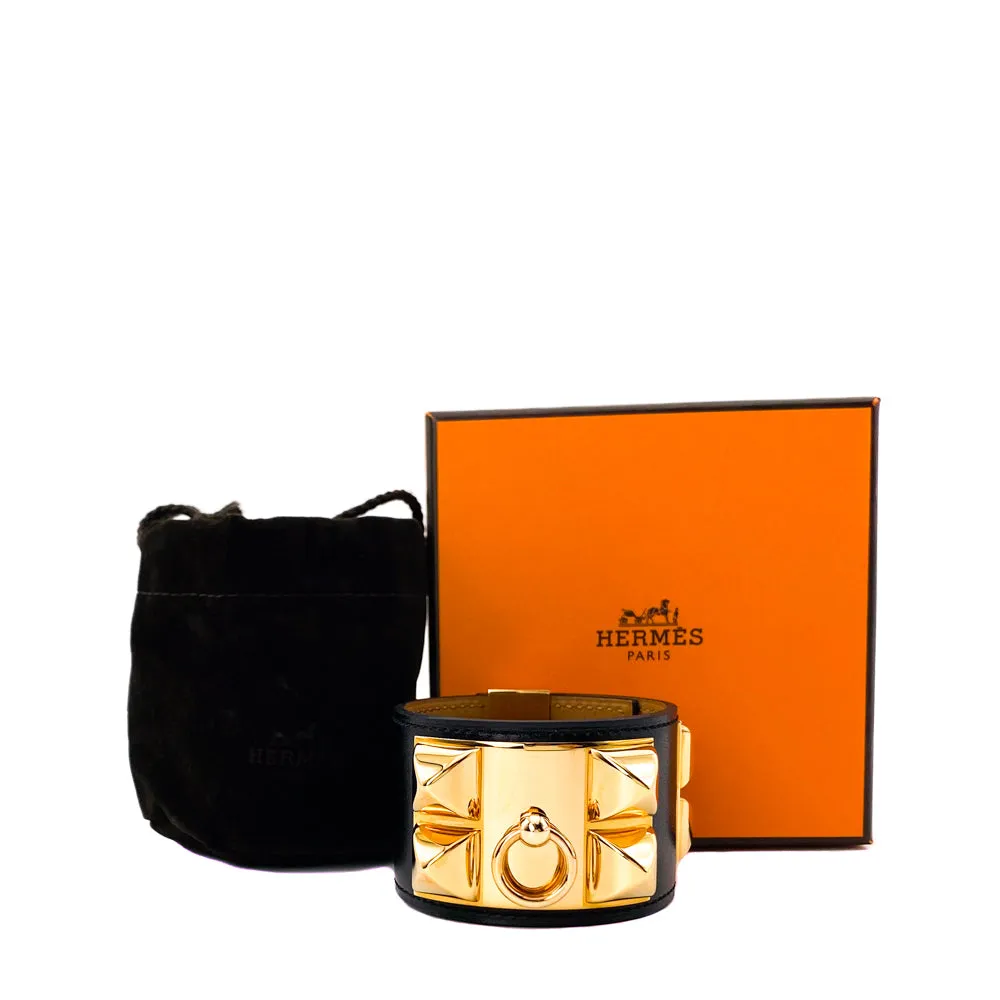 Hermes Black Box Leather Gold Plated Collier de Chien Bracelet