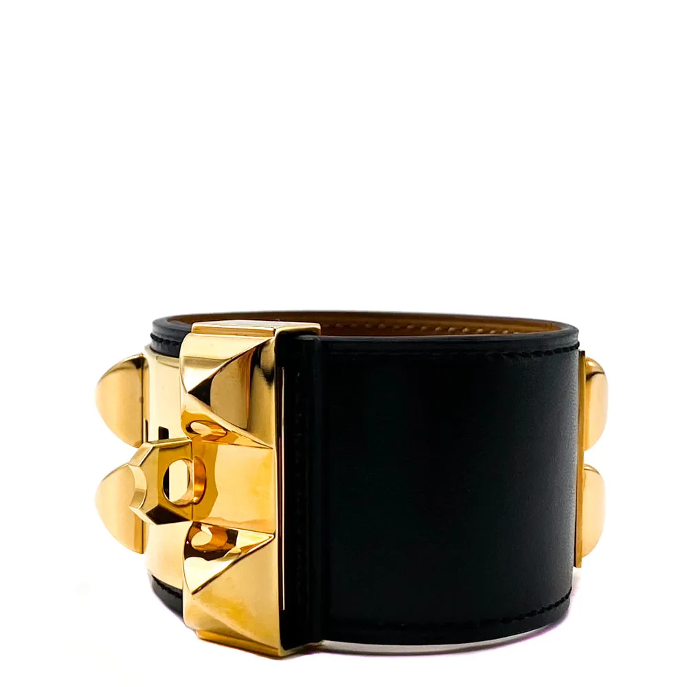 Hermes Black Box Leather Gold Plated Collier de Chien Bracelet