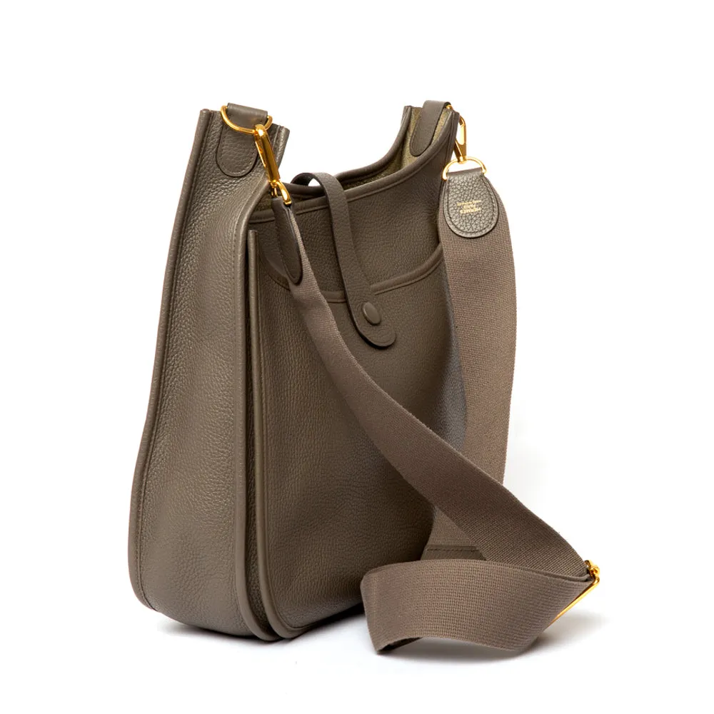 Hermes Gris Etain Clemence Leather Evelyne GM III Bag