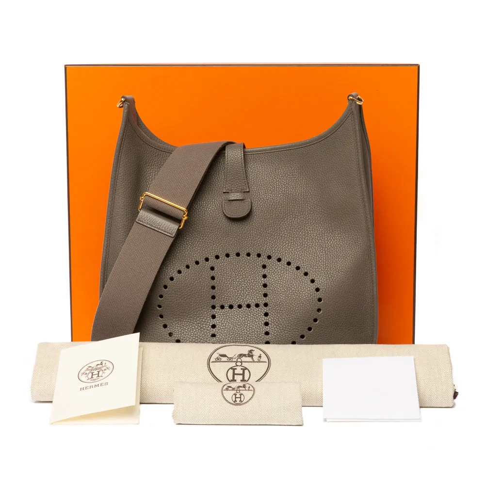 Hermes Gris Etain Clemence Leather Evelyne GM III Bag