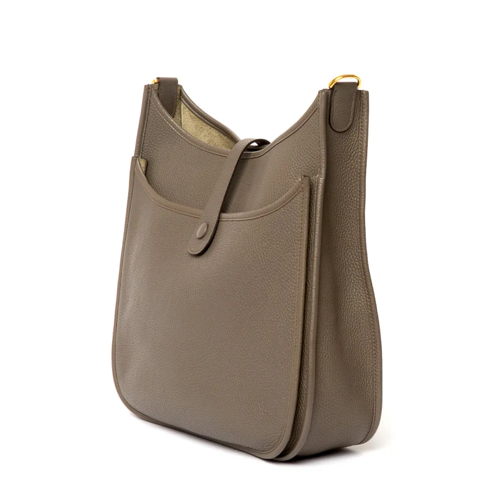 Hermes Gris Etain Clemence Leather Evelyne GM III Bag