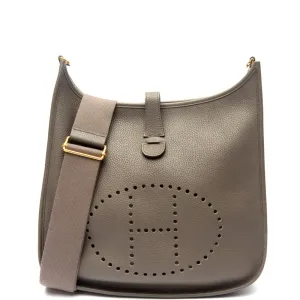Hermes Gris Etain Clemence Leather Evelyne GM III Bag